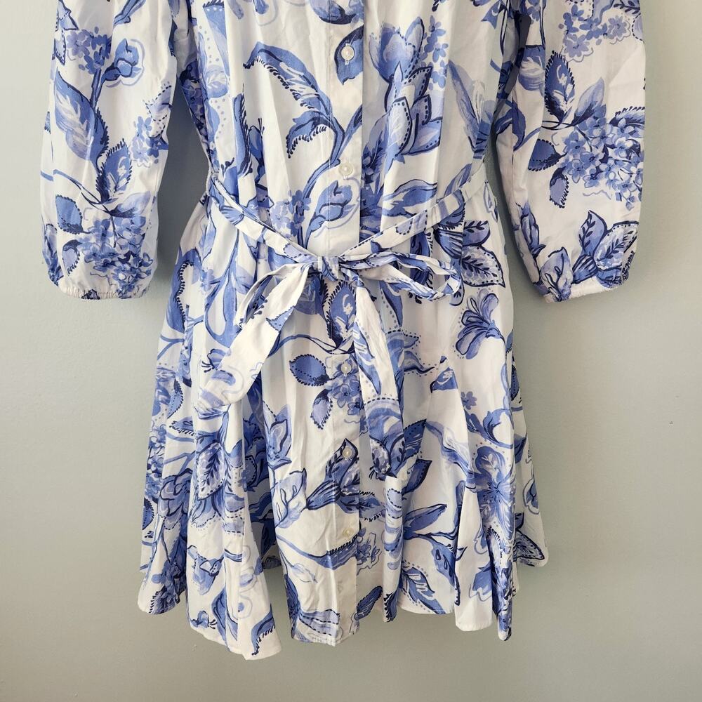 Cynthia Steffe Shirt Dress Women's L White Blue Floral Flared Coastal Nautical - Picture 3 of 16